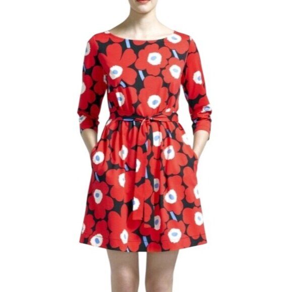 Marimekko Red Unikko Flower Print Dress Size 2XL 100% Cotton colorful w/ belt - Picture 1 of 11